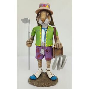 Robert Shields 10" Rabbit Golfer w/ Golf Bag, Clubs and Hat Whimsical Colorful